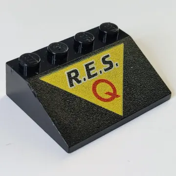 Brick Sloped 33° 3 x 4 with 'R.E.S. Q' on Yellow Triangle Print (Res-q)