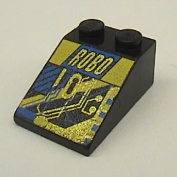 Brick Sloped 33° 3 x 2 with RoboForce Gold 'ROBO' and Blue and Yellow Circuitry Print