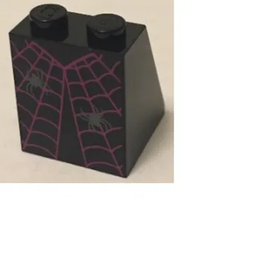 Brick Sloped 65° 2 x 2 x 2 with Bottom Tube and Dress with Magenta Spider Web and 2 Dark Bluish Gray Spiders Pattern