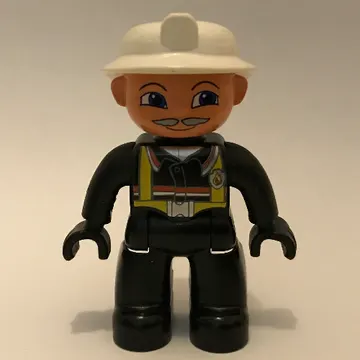 Duplo Figure with Fireman Helmet White, and Gray Mustache, Black Hands