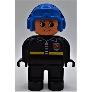 Duplo Figure, Early, Aviator Hat Blue, Black Legs, Fire Jacket with Zipper Print