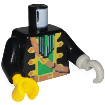 Torso Pirate Captain Jacket, Green Ascot and Undershirt, Brown Shoulder Strap and Belt / LEGO Logo on Back Print, Black Arms, Yellow Hand Right, Light Gray Hook Left