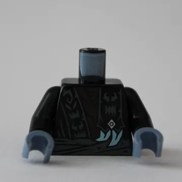 Torso, Ninja Robes, Dark Bluish Grey Signs, Sash, Dark brown Shirt print, Black Arms, Sand Blue Hands