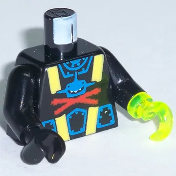 Torso Wetsuit with Blue Shark with Red X Print, Black Arms, Black Hand Right, Trans-Neon Green Hook Left
