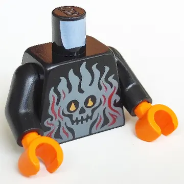 Torso, Dark Bluish Grey and Red Flames and Skull Print, Black Arms, Orange Hands