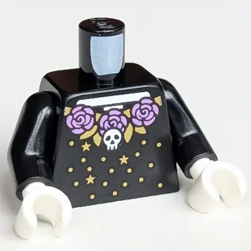 Torso Dress, Catrina, White Skeleton, Skull, Medium Lavender Flowers, Gold Stars and Dots Print, Black Arms, White Hands