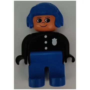 Duplo Figure, Early, Aviator Hat Blue, Blue Legs, Black Top with 3 Buttons and Badge, Nose Pointed Up Print