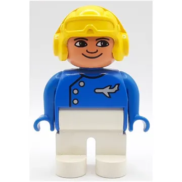 Duplo Figure, Early, Aviator Hat Yellow, White Legs, Buttons, Airplane, Turned Down Nose Paint