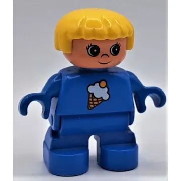 Duplo Figure, Early Child, with Straight Hair Yellow, Blue Legs, Ice Cream Print