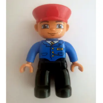 Duplo Figure with Police Style Hat Red, with Black Legs, Blue Jacket with Blue/Yellow Tie, Nougat Hands, Smile with Closed Mouth (Train Conductor)