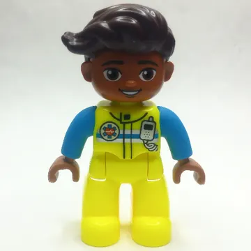 Duplo Figure with Hair Swept Right Dark Brown, With Vibrant Yellow EMT Suit Print