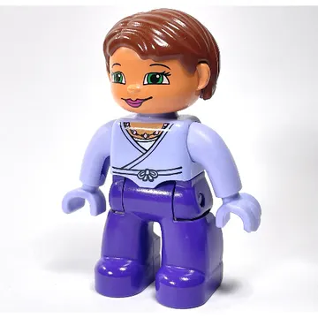 Duplo Figure Bob / Pageboy Hair Reddish Brown, with Dark Purple Legs, Wrap Top with Necklace, Light Lilac Hands