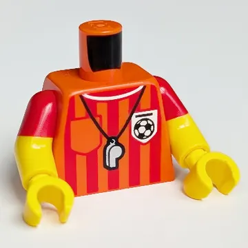Torso, Dual Molded Arms with Referee Shirt, Vertical Red Stripes, Whistle, Soccer Ball Print, Red Sleeves Pattern, Yellow Arms and Hands