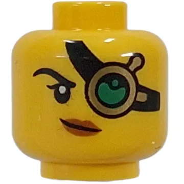 Minifig Head Monster Hunter, Gold Monocle, Black Strap, Green Lens, Peach Lips, Smirk / Open Mouth Smile