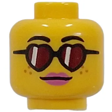 Minifig Head, Bright Pink Lips, Open Mouth Smile / Heart-Shaped Glasses, Red Lenses