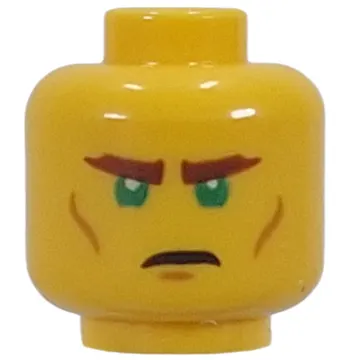 Minifig Head Mysterious Ronin, Dark Orange Eyebrows, Cheek Lines, Green Eyes, Stern / Confused