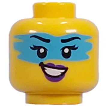 Minifig Head Zoey, Dark Azure Face Paint, Dark Purple Lips, Lopsided Open Mouth Smile/Lopsided Grinn