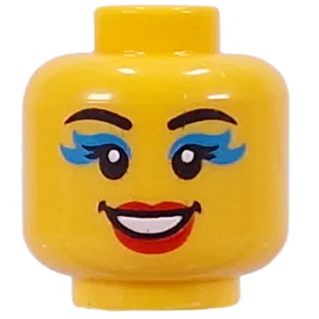 Minifig Head Black Eyebrows, Dark Turquoise Eyeshadow, Red Lips, Open Mouth Smile / Scream