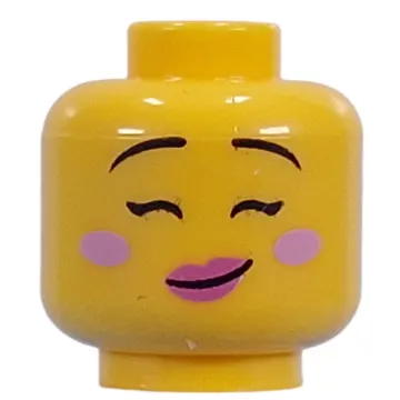 Minifig Head Thin Black Eyebrows, Bright Pink Cheeks, Dark Pinks Lips, Open Mouth Crookes Smile/Close Eyes, Crooked Smile