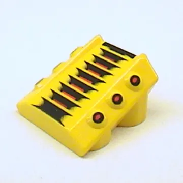 Brick Sloped 2 x 2 No Studs, with 3 Side Pistons Raised Edges and Red/Black Lines and Red Dots Print