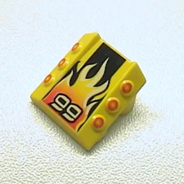 Brick Sloped 2 x 2 No Studs, with 3 Side Pistons Raised Edges and '99', Black Stripe, Flame Print