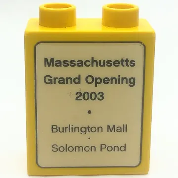 Duplo Brick 1 x 2 x 2 with 'Massachusetts Grand Opening 2003 - Burlington Mall - Solomon Pond' and Lego Logo Print