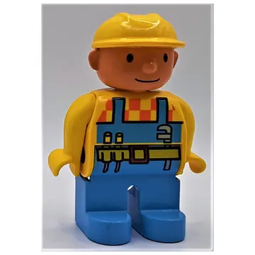 Duplo Figure, Early, Hard Hat Yellow, Medium Blue Legs, Yellow Top, Light Blue Overalls and Toolbelt Print (Bob The Builder)