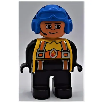 Duplo Figure, Early, Aviator Hat Blue, Black Legs, Orange Harness with Fire Badge, Headset Print