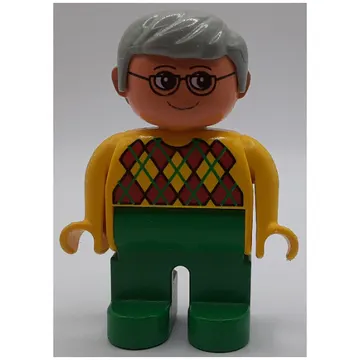 Duplo Figure, Early, with Short Parted Hair Light Gray, Green Legs, Argyle Sweater Print