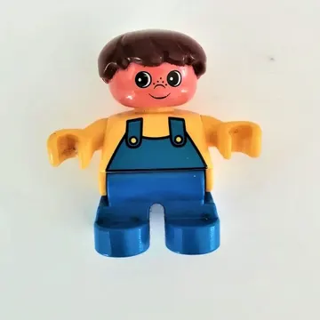 Duplo Figure, Early Child, Hair Swept Left Brown, Blue Legs, Blue Overalls Print