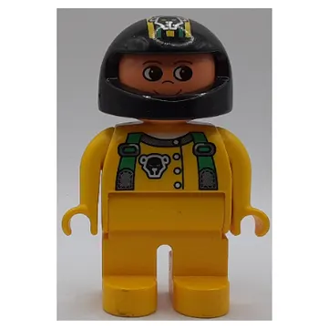 Duplo Figure, Early, Helmet Black, Yellow Legs, Green Suspenders and Black Bear Head Print