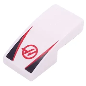 Brick Curved 2 x 1 No Studs with Red HAAS Logo, Red Strips, Black Triangles print