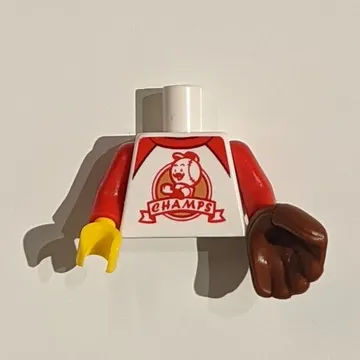Torso Baseball Shirt with 'CHAMPS' Print, Red Arms, Yellow Right Hand, Left Reddish Brown Baseball Glove