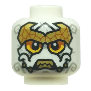 Minifig Head Loyalist, Yellow/Orange Eyes, Light Bluish Grey Markings, Gold Tiara, Sharp Teeth, Neutral / Fangs