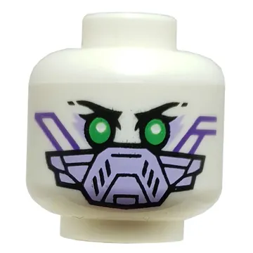 Minifig Head PIXAL, Green Eyes, Black Eyebrows, Dark Purple Circuitry, Smile / Lavender Breathing Mask