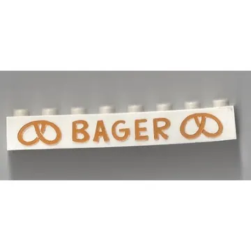 Brick 1 x 8 without Bottom Tubes with Cross Side Supports with 'BAGER' 2 Pretzels Large Gold Print