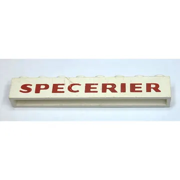 Brick 1 x 8 without Bottom Tubes with Cross Side Supports with 'SPECERIER' Dark Red Print