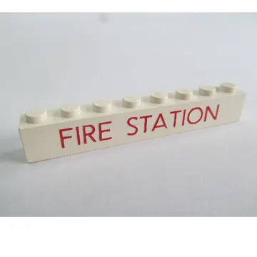 Brick 1 x 8 without Bottom Tubes with Cross Side Supports with 'FIRE STATION' Thin Red Print