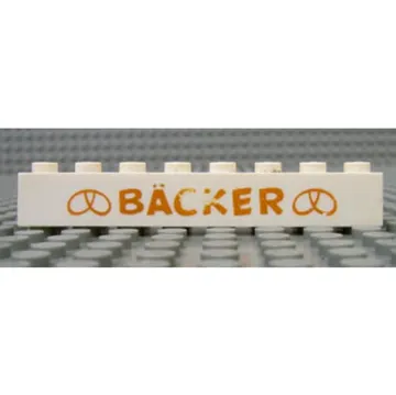 Brick 1 x 8 without Bottom Tubes with Cross Side Supports with 'BÄCKER' (BACKER) Narrow, Pretzels Gold Print