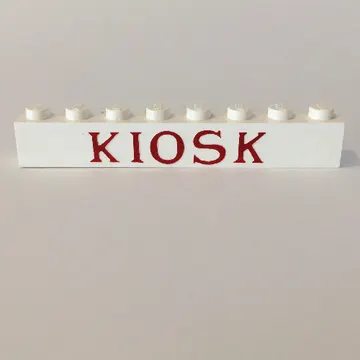 Brick 1 x 8 without Bottom Tubes with Cross Side Supports with 'KIOSK' Times New Roman Red Print
