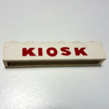 Brick 1 x 6 without Bottom Tubes with Cross Side Supports with 'KIOSK' Sans-Serif Thick Red print
