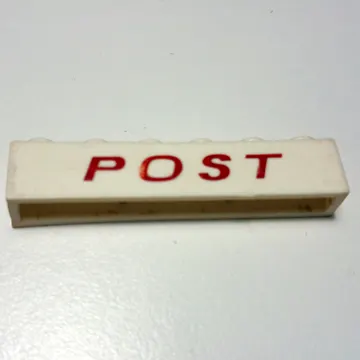 Brick 1 x 6 without Bottom Tubes with Cross Side Supports with 'POST' Thin Italic Red Print