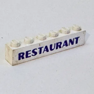 Brick 1 x 6 without Bottom Tubes with Cross Side Supports with 'RESTAURANT' Thick Blue Print