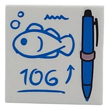 Tile 2 x 2 with Blue Pen, Drawing of Fish, '106' print