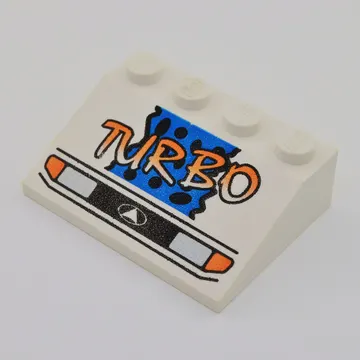 Brick Sloped 33° 3 x 4 with Headlights, Yellow 'TURBO', Blue Background and Black Spots Print