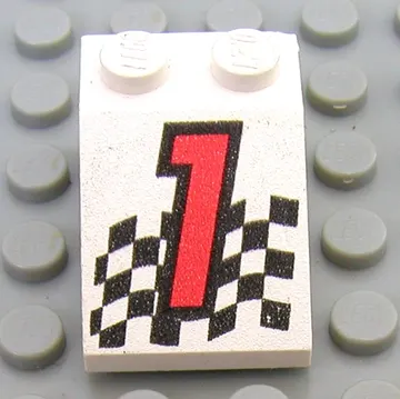 Brick Sloped 33° 3 x 2 with Red '1', Chequered Flag Print