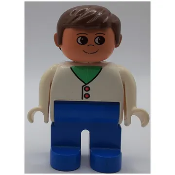 Duplo Figure, Early, with Short Parted Hair Brown, Blue Legs, Cardigan with 2 Buttons and Medium Green Neck Print
