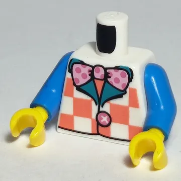Torso Vest with Coral Checks, Bright Pink Polka Dot Bow Tie Print, Dark Azure Arms, Yellow Hands