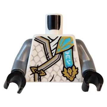 Torso, Ninja Robes, Silver Trim, Scales, Medium Azure Banner, Gold Dragon Head print, Flat Silver Arms, Black Hands