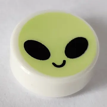 Tile Round 1 x 1 with Yellowish Green Alien Face print